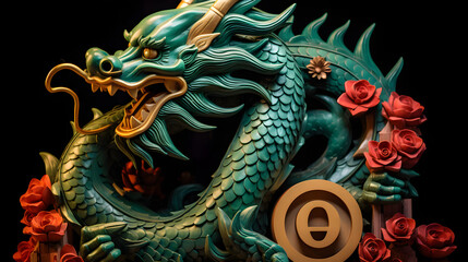 Wall Mural - Green wooden dragon symbol 2024. New Year and Christmas concept . Chinese new year 2024 year of the emerald Wood dragon, digital ai