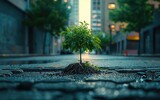 Fototapeta Kuchnia - Lone Tree Resiliently Growing Through Urban Asphalt Cracks