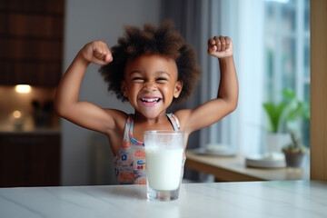 Milk, portrait and African girl with muscle from healthy drink for energy, growth and nutrition in the kitchen. Happy, smile and child flexing muscles from calcium in a glass and care for health 