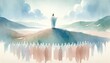 Ministry of Jesus. Silhouette of Jesus standing on top of a mountain and preaching to the crowd. Watercolor painting.	