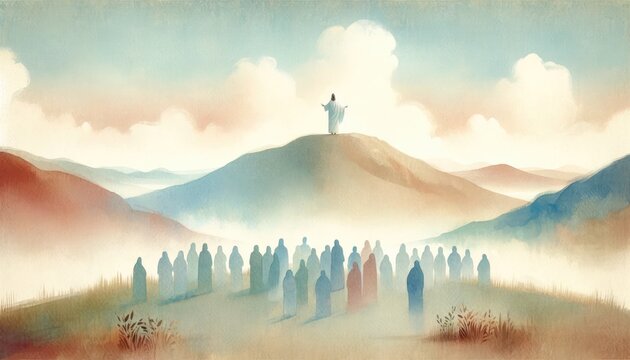 ministry of jesus. silhouette of jesus standing on top of a mountain and preaching to the crowd. wat