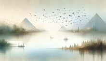 The Plagues Of Egypt. Watercolor Illustration Of Egypt Pyramids And The Locusts Flying Over The Nile.