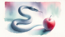 The Original Sin. Digital Painting Of An Apple And A Snake On A White Background