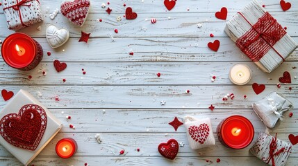 Poster - Wooden white background with red hearts, gifts and candles. The concept of Valentine Day