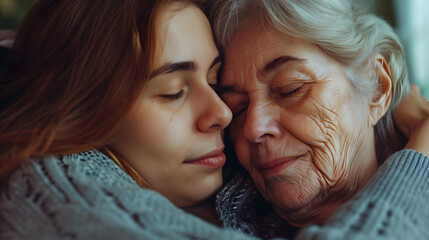 close-up adult daughter embracing elderly mother at home, love care unconditional love concept