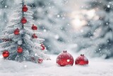 Fototapeta Panele - Christmas balls and trees in the snow illustration.