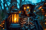 Fototapeta  - Halloween charm Skeleton holding lantern, creating a haunting silhouette