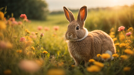 Cute rabbit on green lawn with daisies at sunset bunny on walk