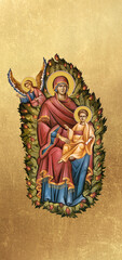 Traditional orthodox icon of Burning bush. Christian antique illustration on golden background in Byzantine style