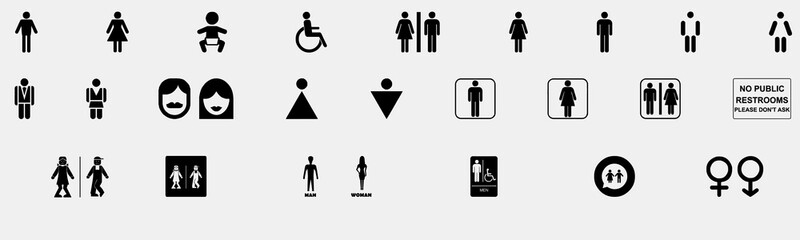 toilet line icon set. wc sign. men,women,mother with baby and handicap symbol. restroom for male, fe