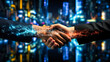 Digital Partnership: Double Exposure Handshake Symbolizing Success and Cooperation in the Cyber World
