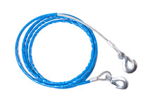 Steel Car Tow Rope With Hooks In Blue Braid Isolated On White Background