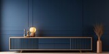 Fototapeta  - Living room wall mockup with cabinet on dark blue background, ing.
