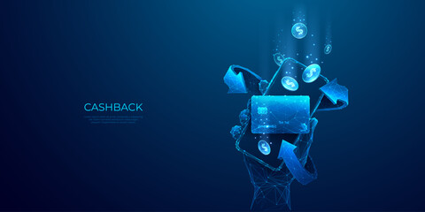 Poster - Cashback concept. 3D abstract phone in a hand with credit bank card, falling coins, return arrows. Money transfer in light blue futuristic style. Low poly vector illustration on technology background.