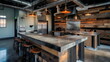 An industrial-inspired break room or kitchenette featuring exposed ductwork, concrete surfaces, and reclaimed wood accents
