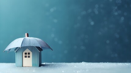 umbrella and rain, house under the umbrella. blue background.