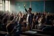 students raised their hands in the classroom. and the teacher stood in front of the class