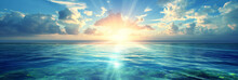 Summer Sea Background, Bright Blue Water And Setting Sun