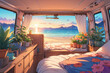 interior of a cozy motorhome, comfortable bed and a warm blanket, plants, flowers, decoration, view from behind on a quiet beach, sunrise, peaceful colors, anime style illustration, beach