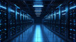 © Prasanth - Modern Data Technology Center Server Racks in Dark Room with VFX. Visualization Concept of Internet of Things, Data Flow, Digitalization of Internet Traffic. Complex Electric Equipment Warehouse.