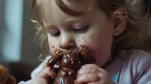 A Cute Toddler's Face Shows A Delightful Mess Of Ecstasy As They Sample A Delectable Chocolate Easter Bunny