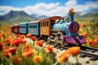 A toy train on tracks amidst wildflowers, with a mountain and blue sky in the backdrop. Generative AI
