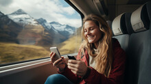 Caucasian Woman Playing Mobile Phone In Train.