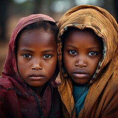 Wall Mural - Portrait of two poor homeless african girls. Concept of inequality and poverty in the world