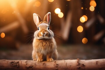 Wall Mural - The rabbit sit on the wood with light bokeh form nature background 
