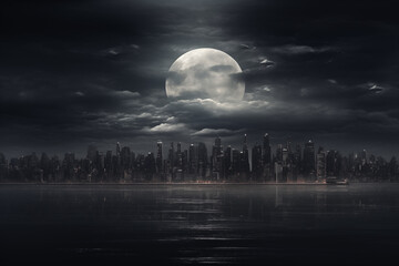cloudy full moon over big modern city and river