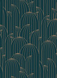 Art deco oval leafy geometrical seamless pattern drawing in dark turquoise palette.