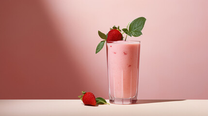 Wall Mural - a glass of strawberry shake on a pink background