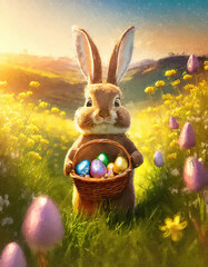 Wall Mural - Cute rabbit holding a basket with colorful Easter eggs walking a footpath through the spring meadow with blooming flowers