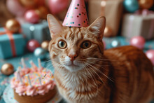 Delighted Cat In A Party Hat Enjoying Dog Food Birthday Cake, With Confetti And Gift Boxes In The Background, Against A Pastel Colored Setting In A Modern Style, Bathed In Natural Light