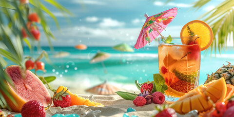 A refreshing summer cocktail adorned with a slice of orange and a decorative umbrella, surrounded by tropical fruits on a beachfront setting with a serene ocean view.