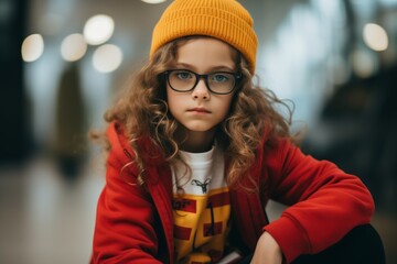 portrait of cute little girl in eyeglasses and red coat