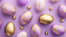  A Group Of Gold And Purple Easter Eggs On A Purple Surface With Gold Leafy Designs On The Egg Shells.