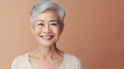 Wall Mural - Elegant, smiling, elderly, chic Asian woman with gray hair and perfect skin on a creamy beige background banner.