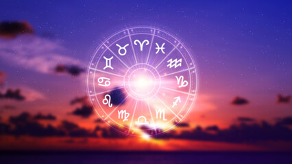 concept of astrology and horoscope, person inside a zodiac sign wheel, astrological zodiac signs ins
