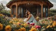 Une femme sourit doucement dans un jardin printanier, entourée de fleurs éclatantes, une beauté paisible capturée en une seule personne.