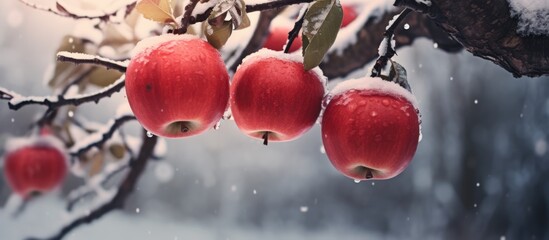 Wall Mural - Red apples hanging on a winter apple tree.