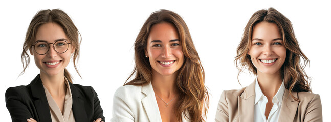 Set of three businesswomen isolated in transparent background. 