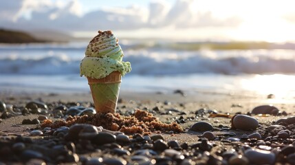 Poster -  a green ice cream cone sitting on top of a beach next to a body of water with waves in the background.