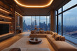 A modern penthouse with an amazing view of the skyline of the city at dusk.