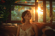 © Jose Luis Stephens - A happy woman bathed in the golden glow of sunset light as she relaxes on a cozy sofa amidst indoor greenery.