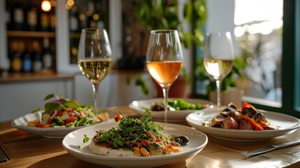  a close up of a plate of food on a table with a glass of wine and two glasses of wine.