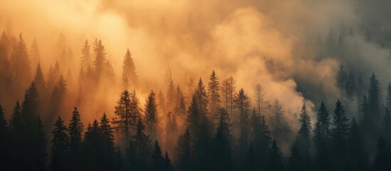 Poster - Forest trees are ablaze, causing dense smoke to rise.