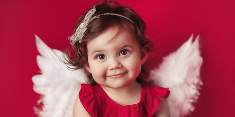 Wall Mural - Charming smiling little girl, baby cupid in a red elegant dress with white wings on a red monochrome background. Banner with empty space for text