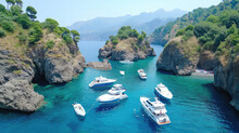 Secluded Azure Cove With Luxury Yachts Floating On Calm Waters.