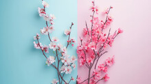 Branches Of Cherry Blossoms On Two-toned Background.